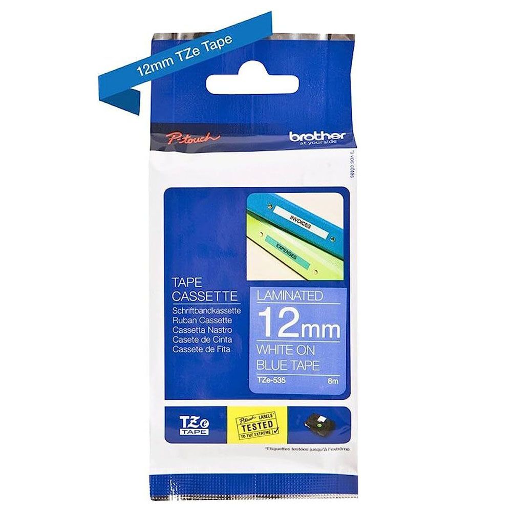 Brother - 12mm White On Blue Laminated Label Tape TZE-535