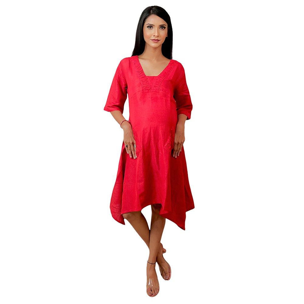 Tummy - Asymmetrical Maternity Dress With Side Pockets - Red