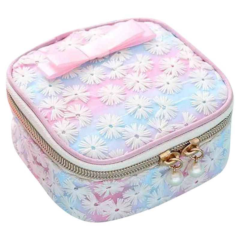 UKR - Flower Embroidered Toiletry Bag - Pink/Blue