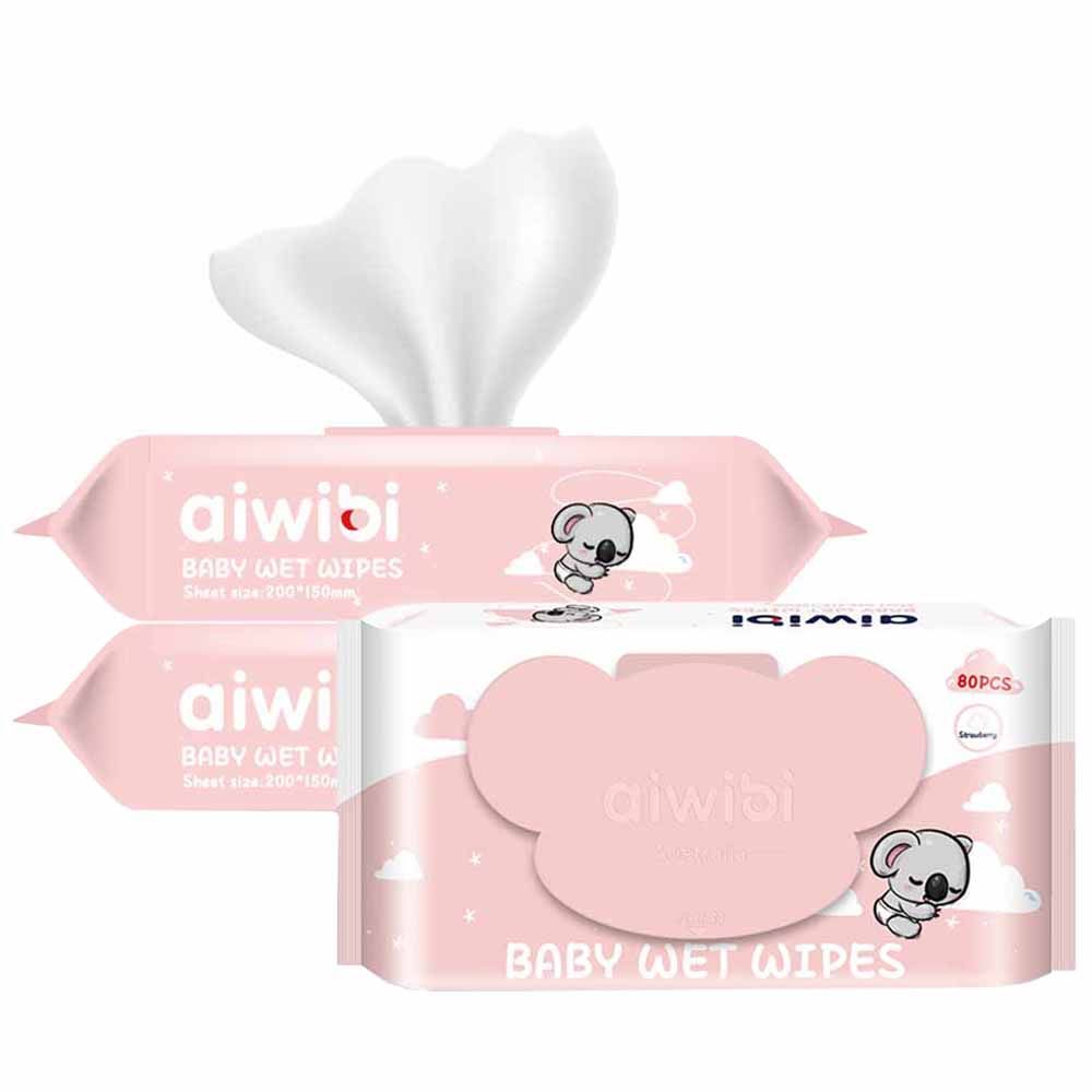 Aiwibi - Strawberry Baby Wet Wipes 80's - Pack of 3