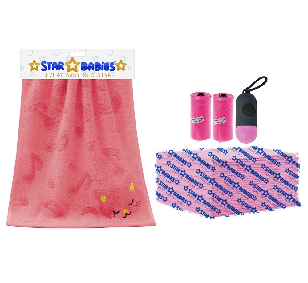 Star Babies - Combo - Disposable Changing Mat 12pcs + Scented Bag 2pcs + Bamboo Face Towel + Dispenser