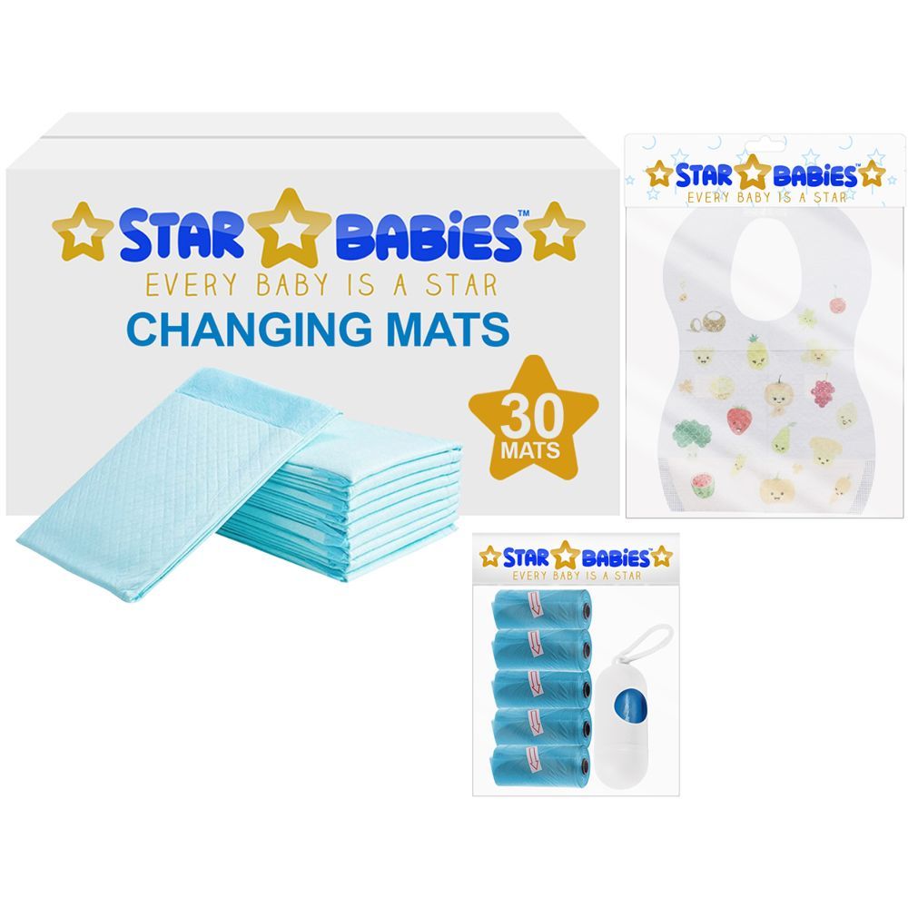 Star Babies - Changing Mats 30pcs, Bibs 30pcs and Scented Bag 5pcs W/ Refill - Blue