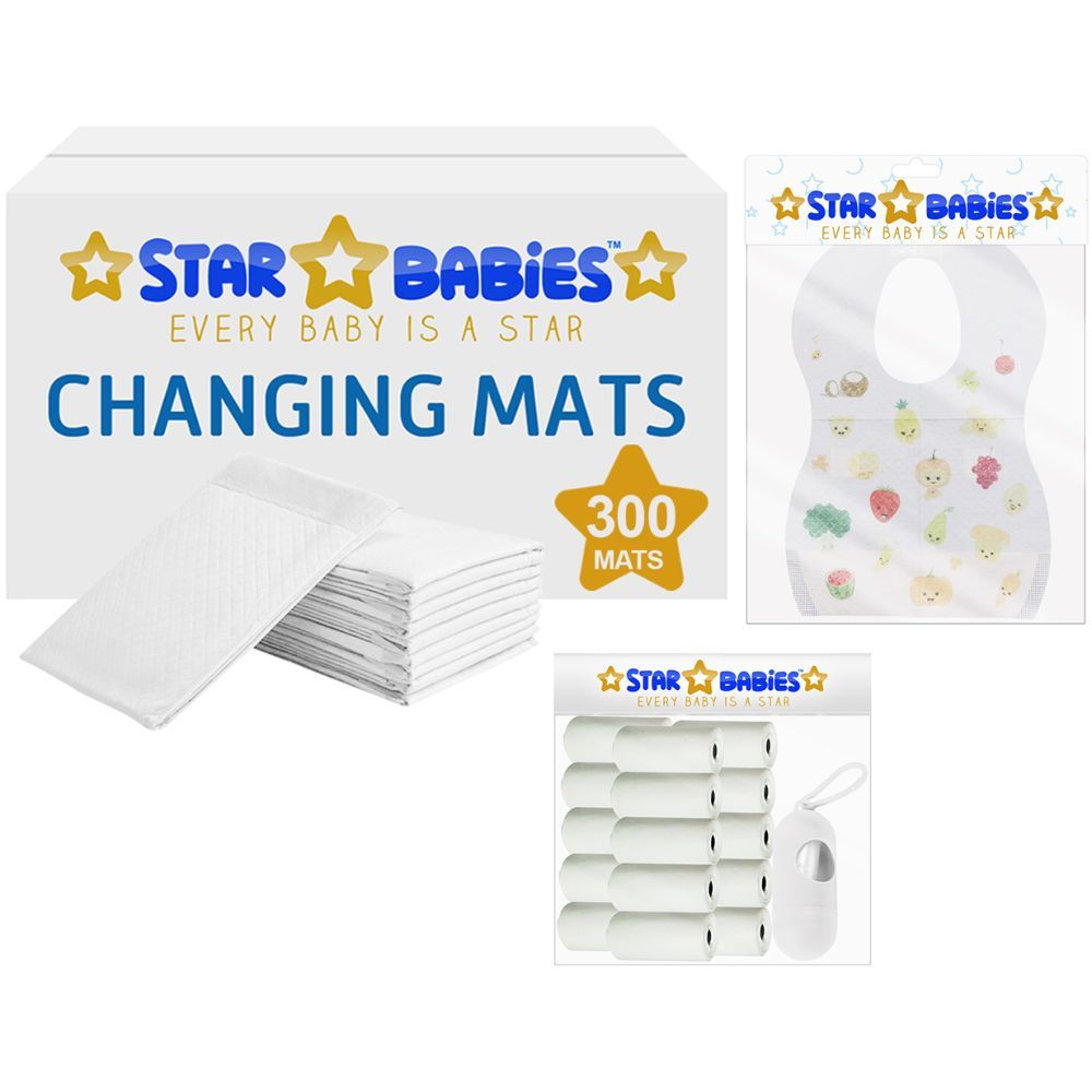 Star Babies - Changing Mats 300pcs, Bibs 300pcs and Scented Bag 15pcs W/ Refill - White