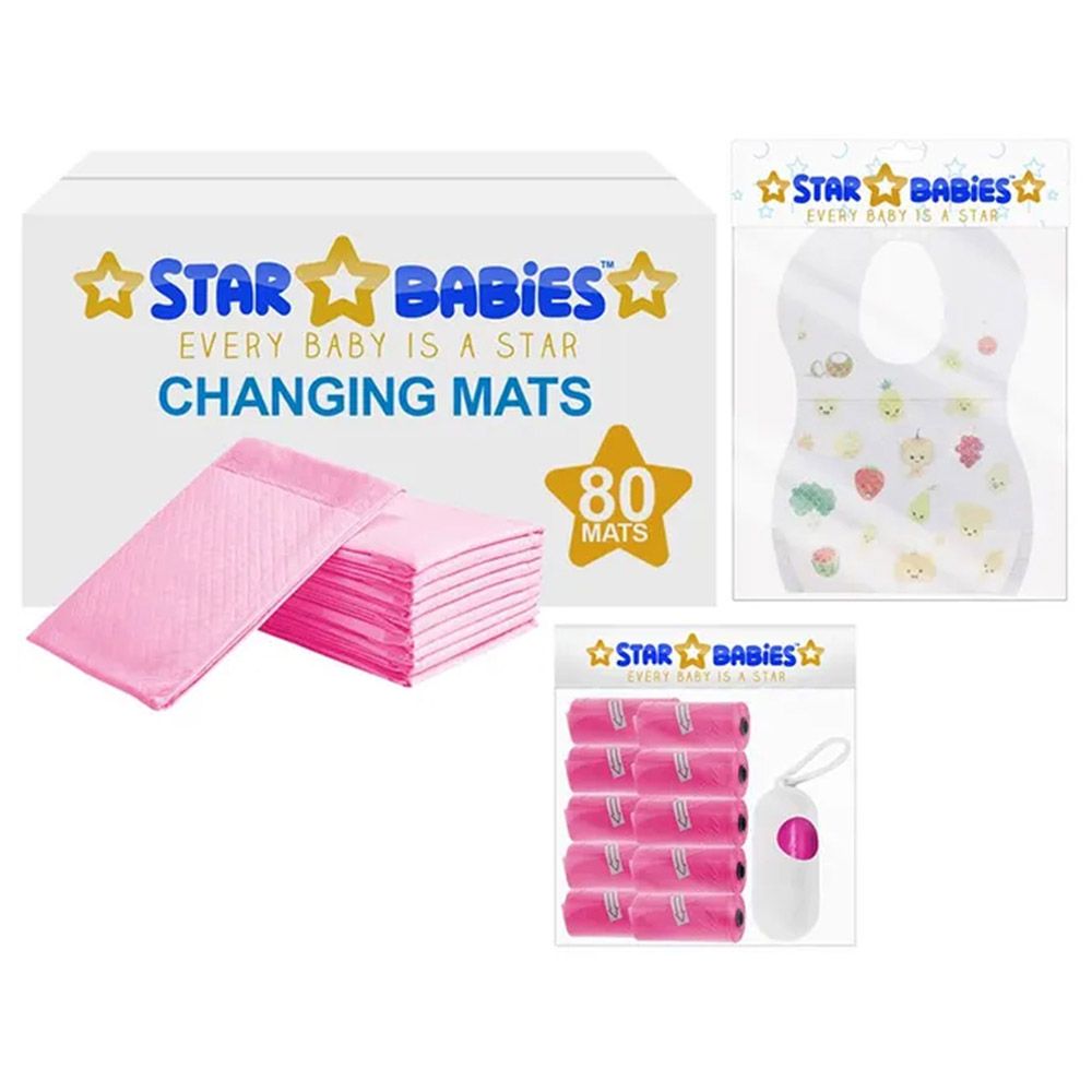 Star Babies - Disposable Changing Mat 80pcs & Scented Bag 10pcss & Bibs 70pcs - Pink