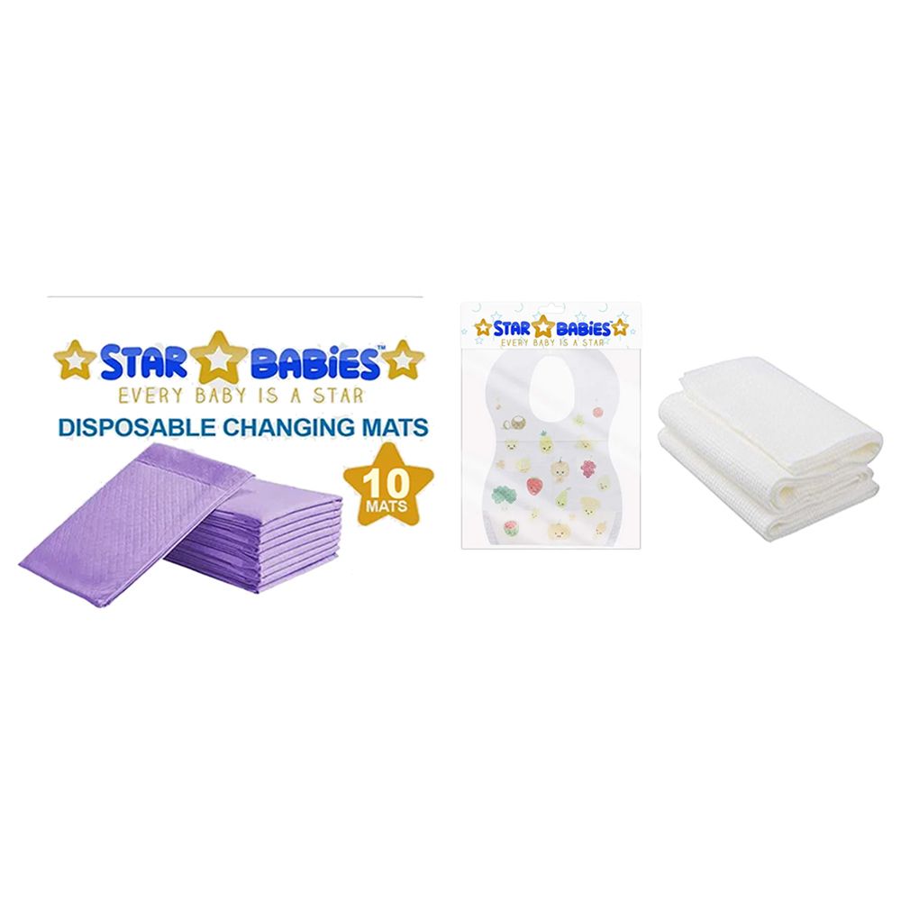 Star Babies - Disposable Changing Mat 10pcs & Disposable Towel 3pcs & Bibs 10pcs - Lavender