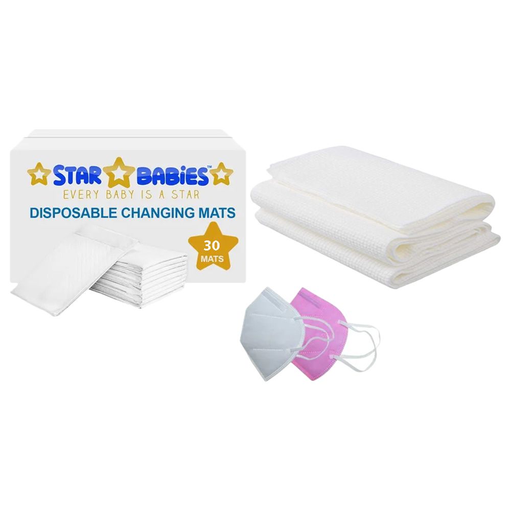 Star Babies - Changing Mat 30pcs & Disposable Towel 3pcs & Kn95 - White