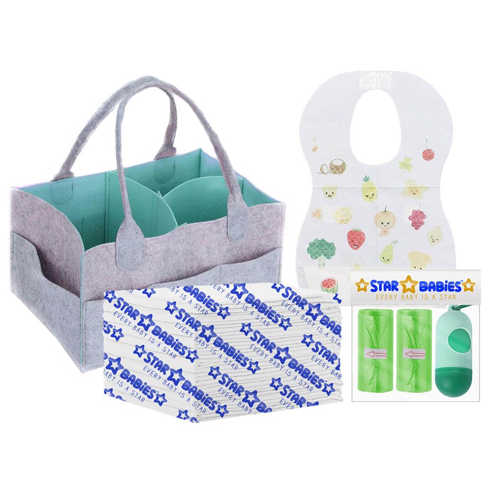 Star Babies - Diaper Bag, Changing Mat, Bibs, Scented Bag w/ Dispenser - Grey