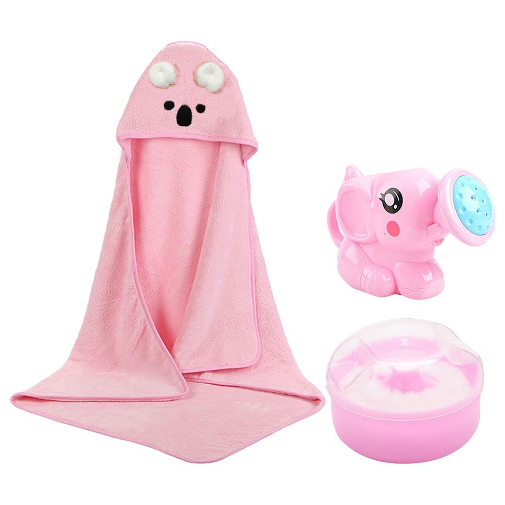 Star Babies - Hooded Towel, Powder Puff & Kettle Toy - Pink