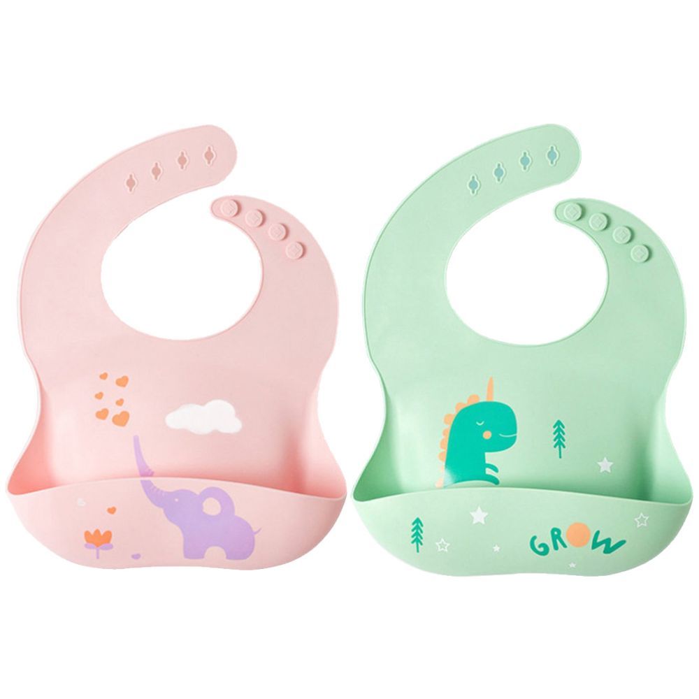 Pixie Baby - Silicone Bibs Pack of 2 - Elephant, Dinosaur