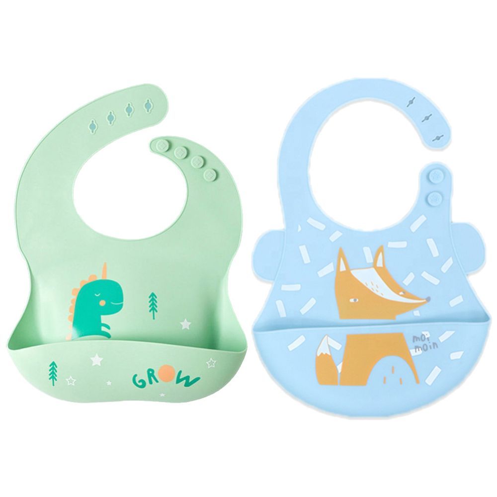 Pixie Baby - Silicone Bibs Pack of 2 - Dinasaur, Fox