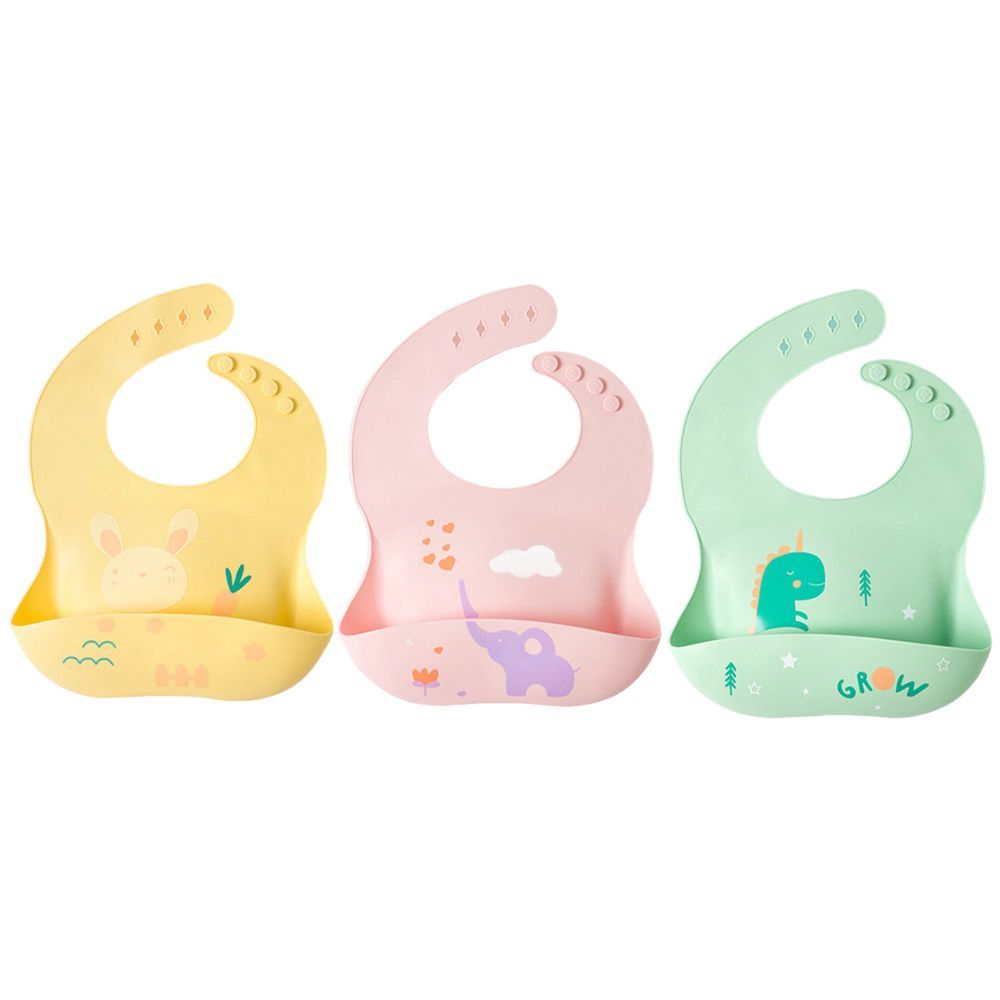 Pixie Baby - Silicone Bibs Pack of 3 - Bunny, Elephant, Dinosaur