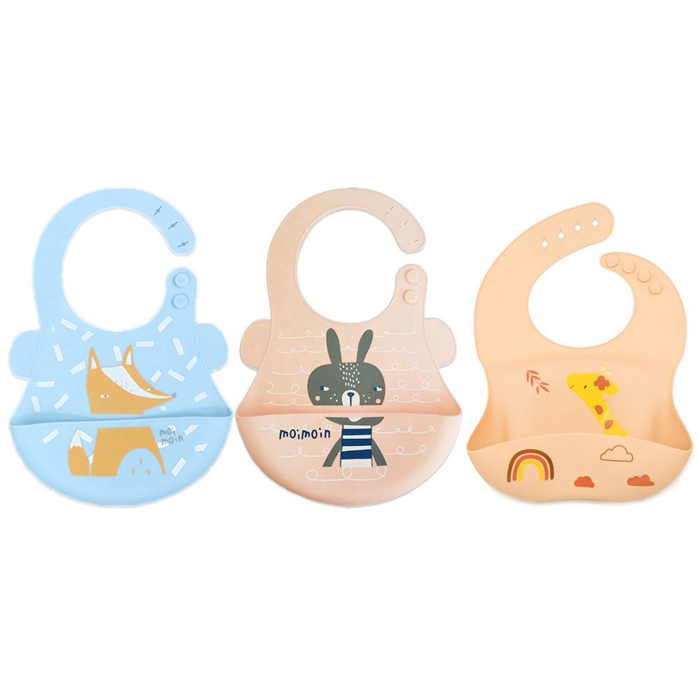 Pixie Baby - Silicone Bibs Pack of 3 - Fox, Squirrel, Jerraf