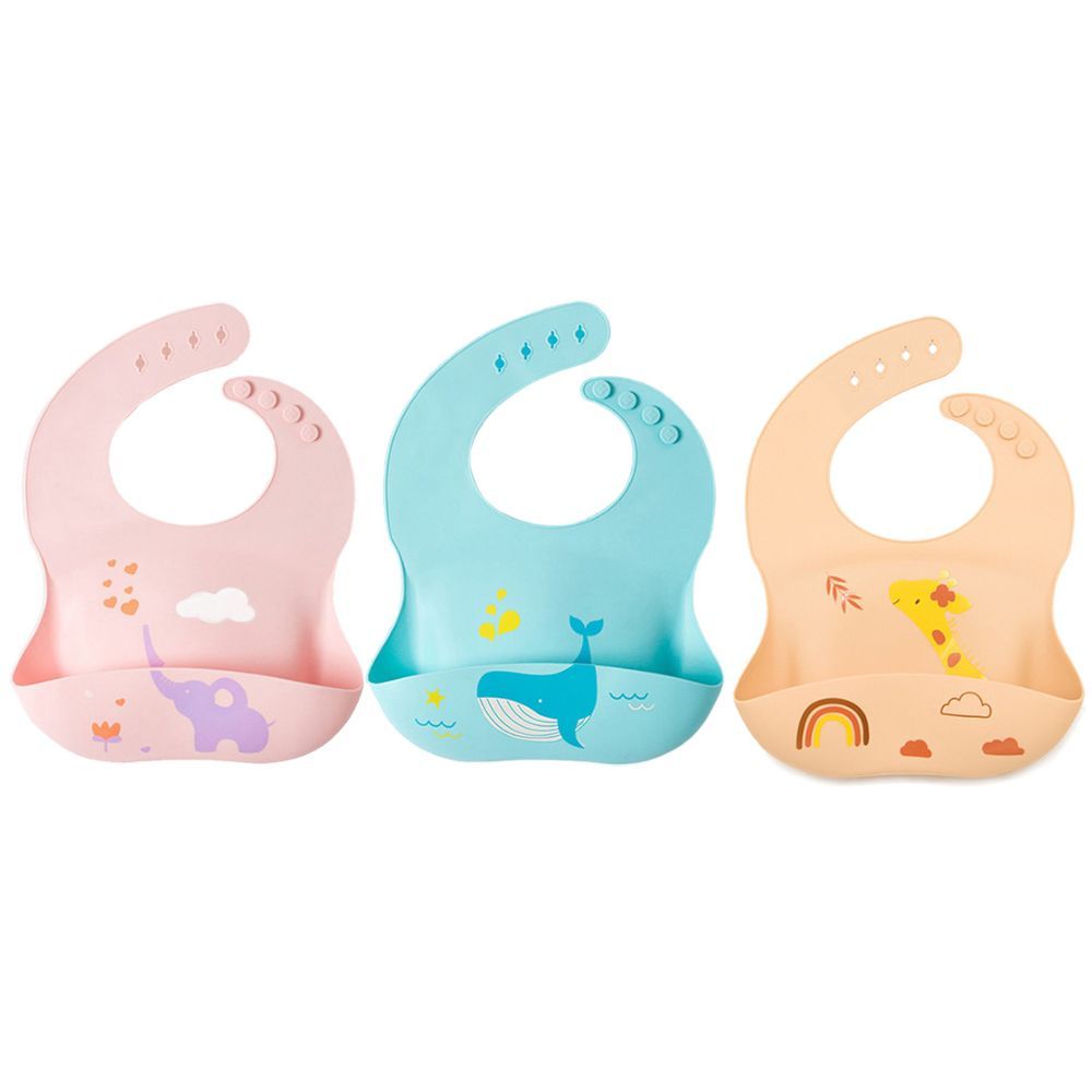 Pixie Baby - Silicone Bibs Pack of 3 - Elephant, Whale, Jerraf