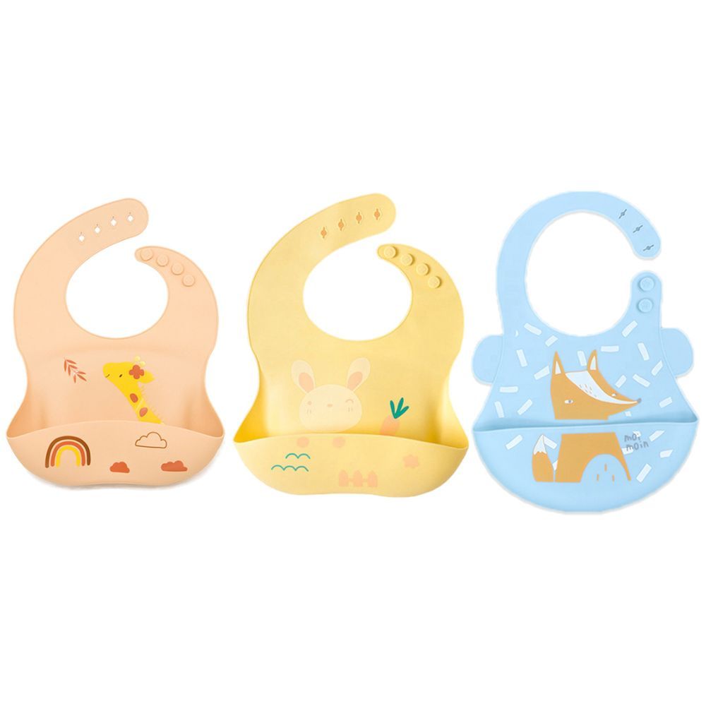 Pixie Baby - Silicone Bibs Pack of 3 - Jerraf, Bunny, Fox