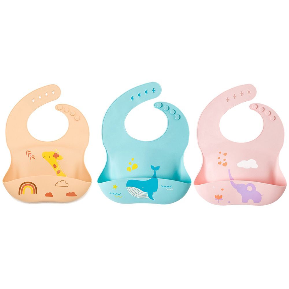 Pixie Baby - Silicone Bibs Pack of 3 - Jerraf, Whale, Elephant