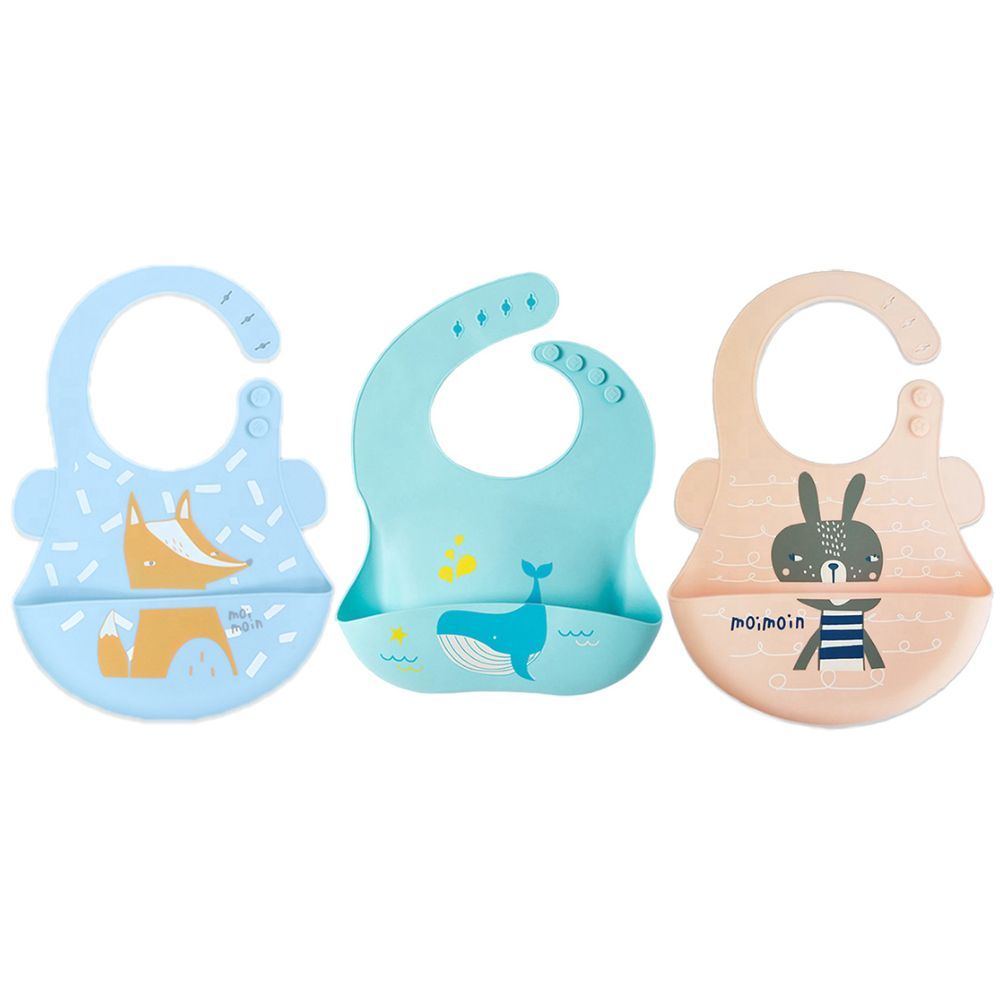 Pixie Baby - Silicone Bibs Pack of 3 - Fox, Whale, Squirrel