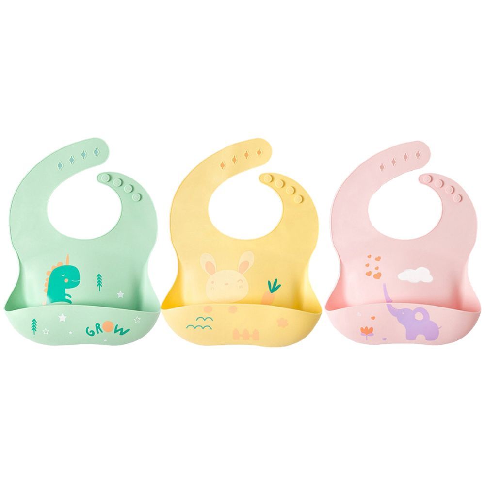 Pixie Baby - Silicone Bibs Pack of 3 - Dinosaur, Bunny, Elephant