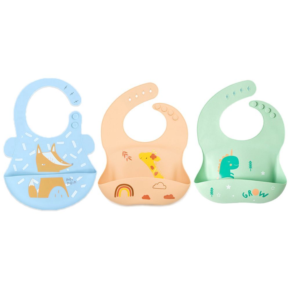 Pixie Baby - Silicone Bibs Pack of 3 - Fox, Jerraf, Dinosaur