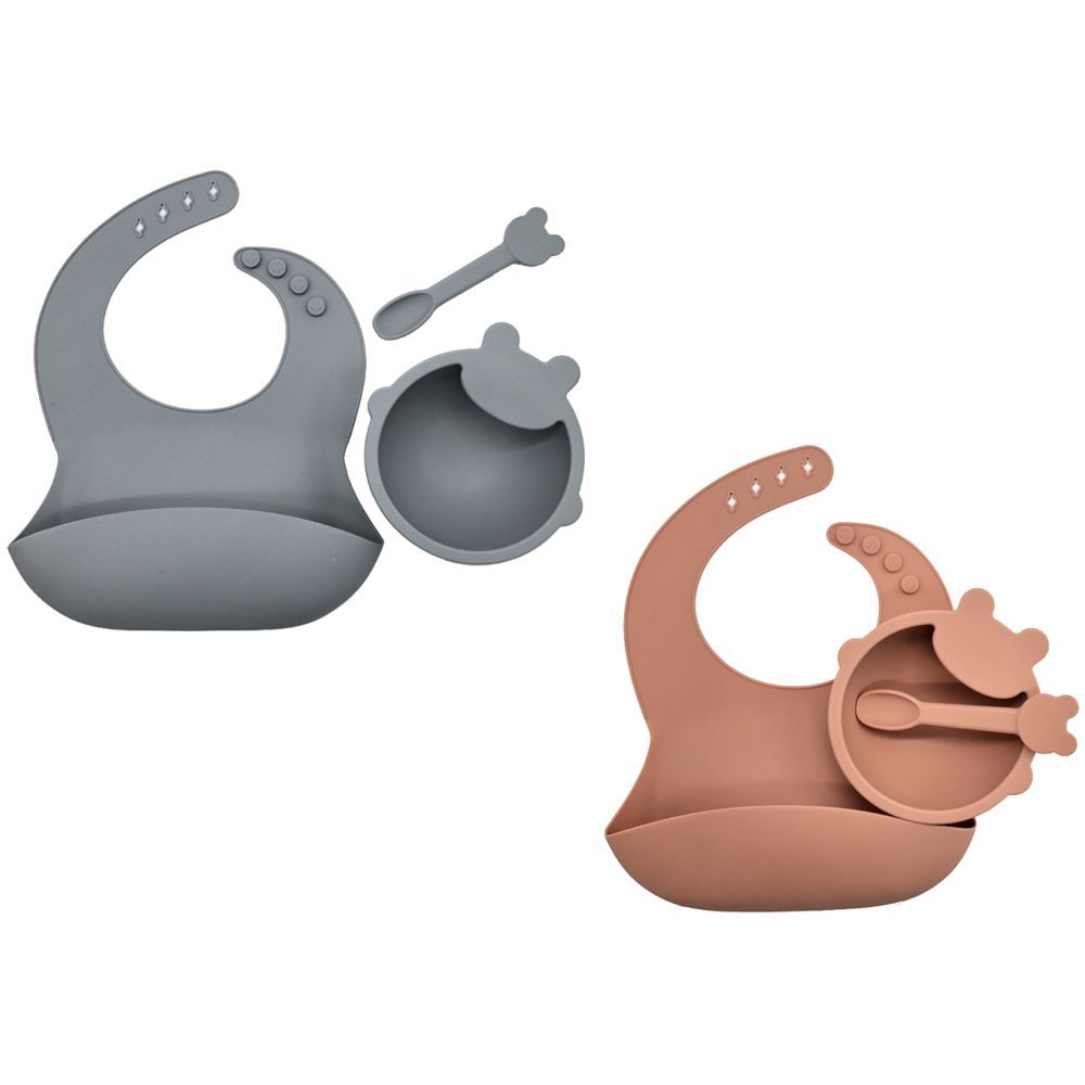 Pixie Baby - Silicone Feeding Set Pack of 2 - Gray, Peach