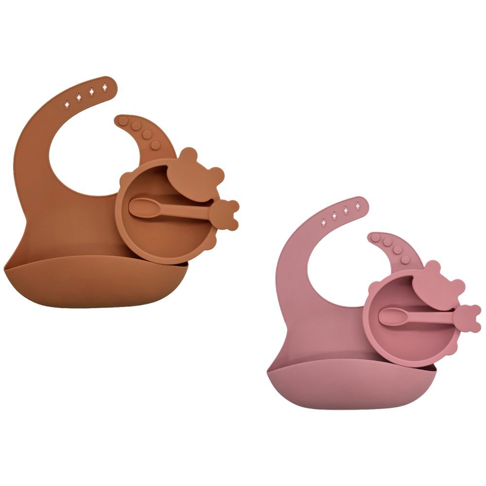 Pixie Baby - Silicone Feeding Set Pack of 2 - Brown, Pink