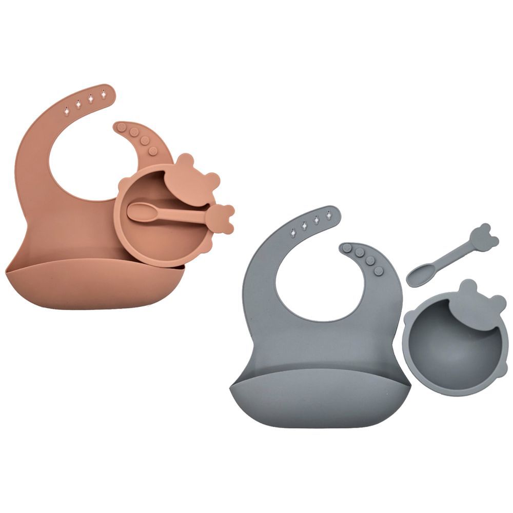 Pixie Baby - Silicone Feeding Set Pack of 2 - Peach, Gray