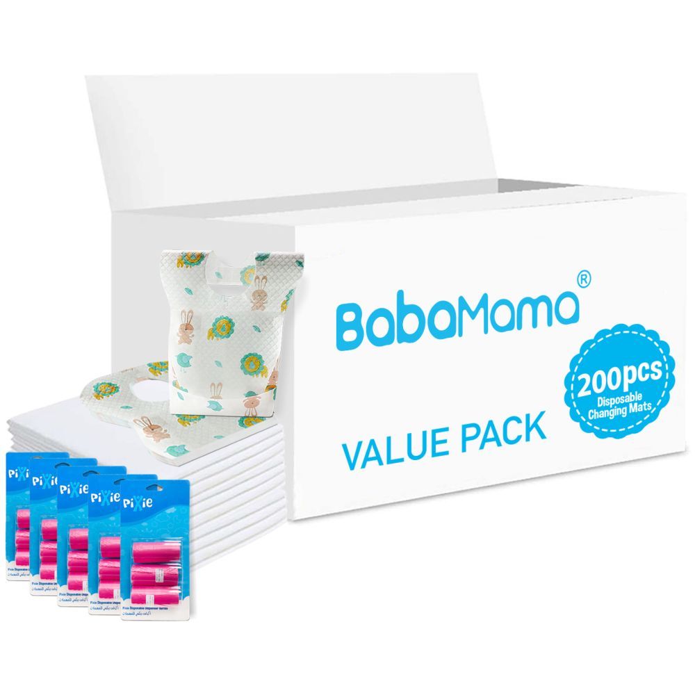 Babamama - Changing Mats 200 + Pixie - Bib 200 + Pack Of 5 Refill Pink 300 Nappy Bags 