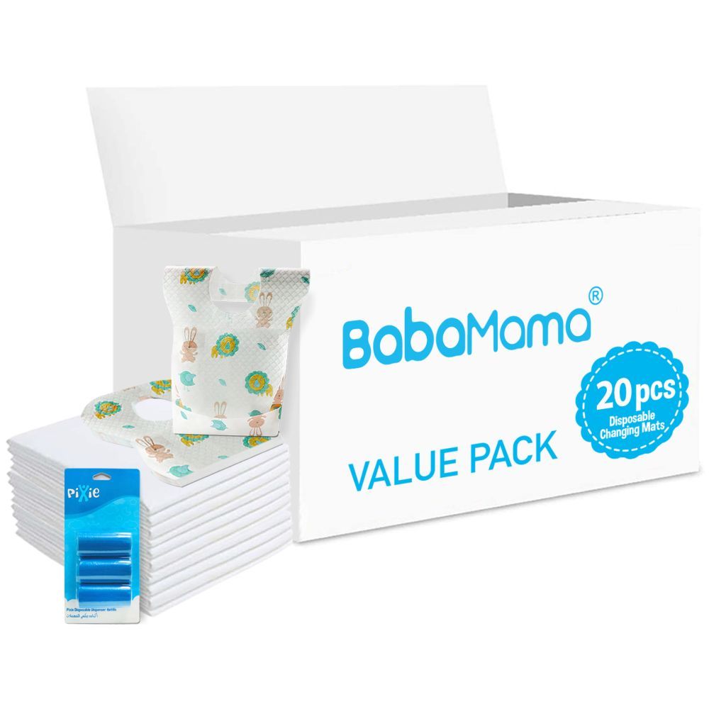 Babamama - Changing Mats 20 + Pixie - Bib 20 + Pack Of 1 Refill Blue 60 Nappy Bags 