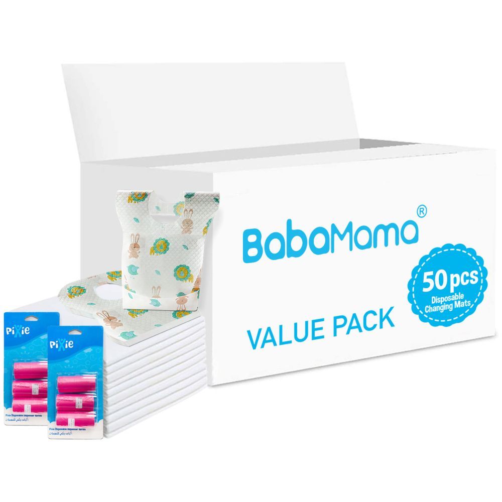 Babamama - Changing Mats 50 + Pixie - Bib 50 + Pack Of 2 Refill Pink 120 Nappy Bags 