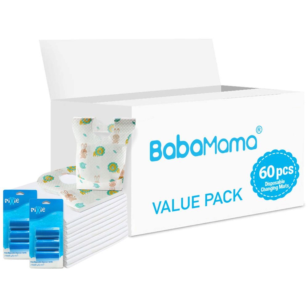 Babamama - Changing Mats 60 + Pixie - Bib 60 + Pack Of 2 Refill Blue 120 Nappy Bags 