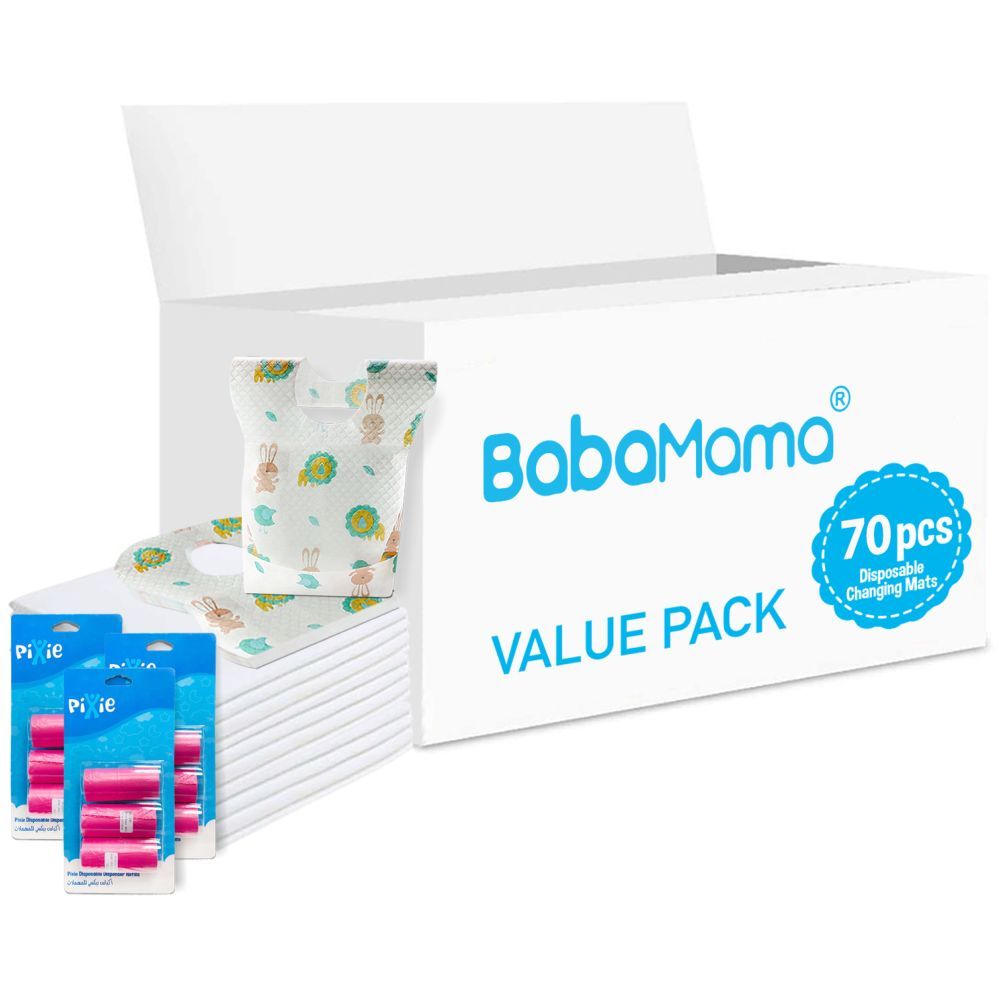 Babamama - Changing Mats 70 + Pixie - Bib 70 + Pack Of 3 Refill Pink 180 Nappy Bags 