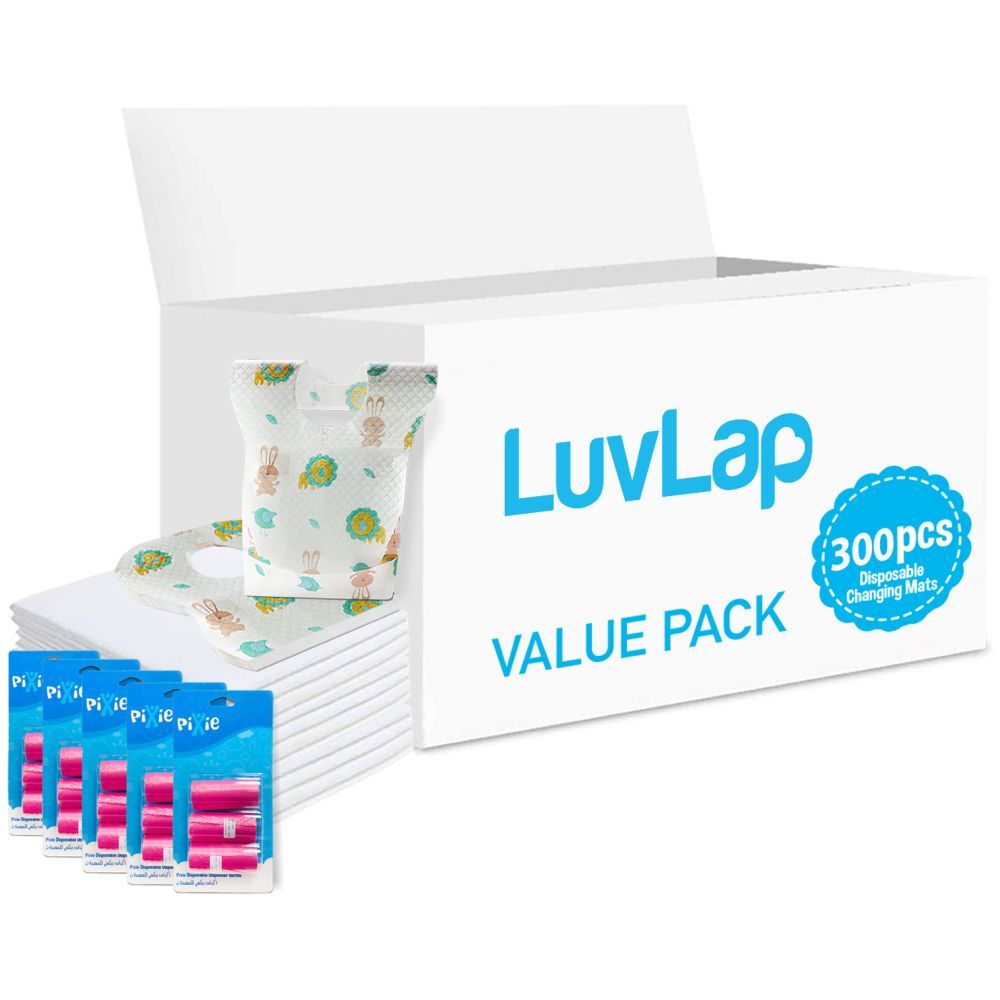 Luvlap - Changing Mats 300 + Pixie - Bib 300 + Pack Of 5 Refill Pink 300 Nappy Bags 