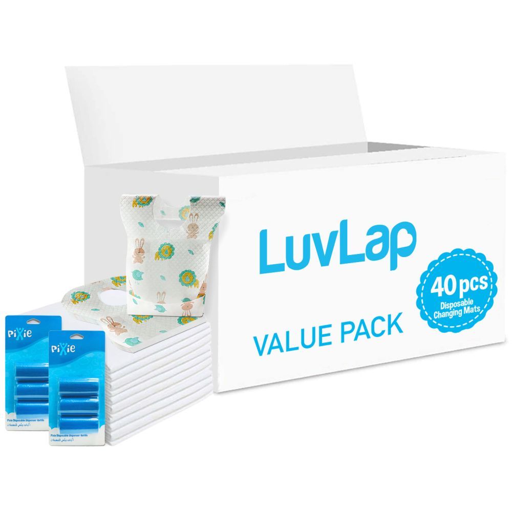 Luvlap - Changing Mats 40 + Pixie - Bib 40 + Pack Of 2 Refill Blue 120 Nappy Bags 