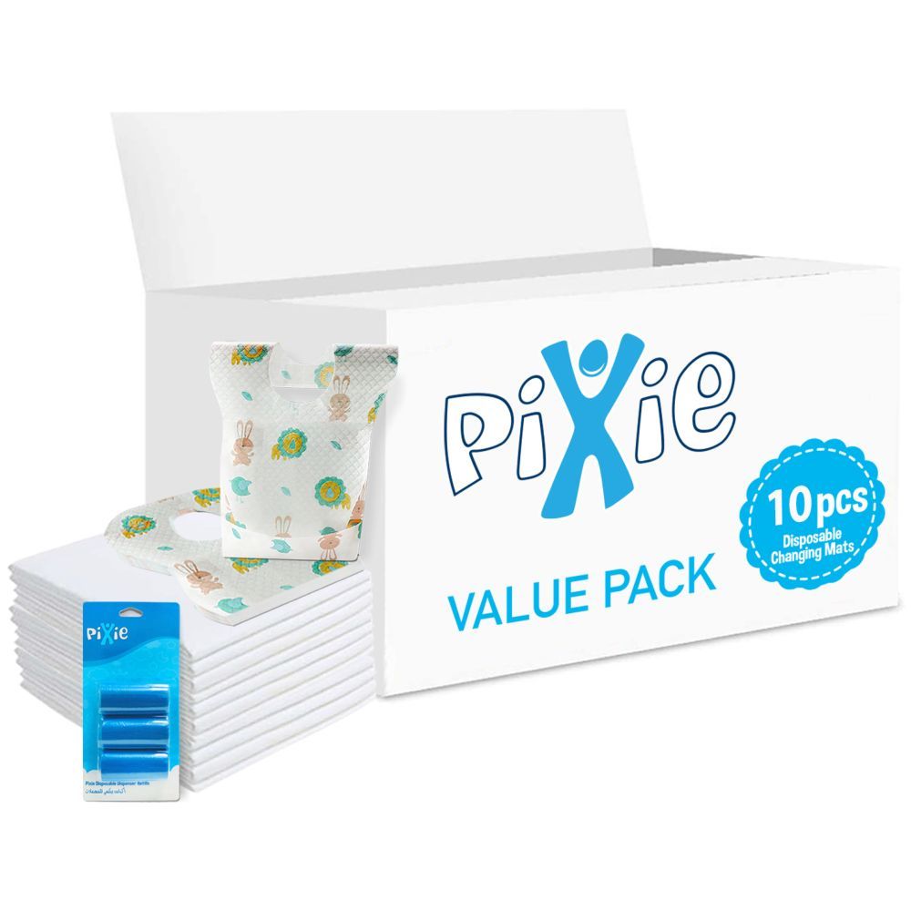 Pixie - Changing Mats 10 + Bib 10 + Pack Of 1 Refill Blue 60 Nappy Bags 