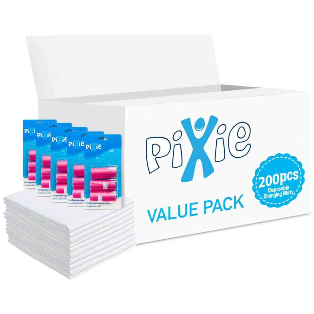 Pixie - Changing Mats 200 + Pack Of 5 Refill Pink 300 Nappy Bags