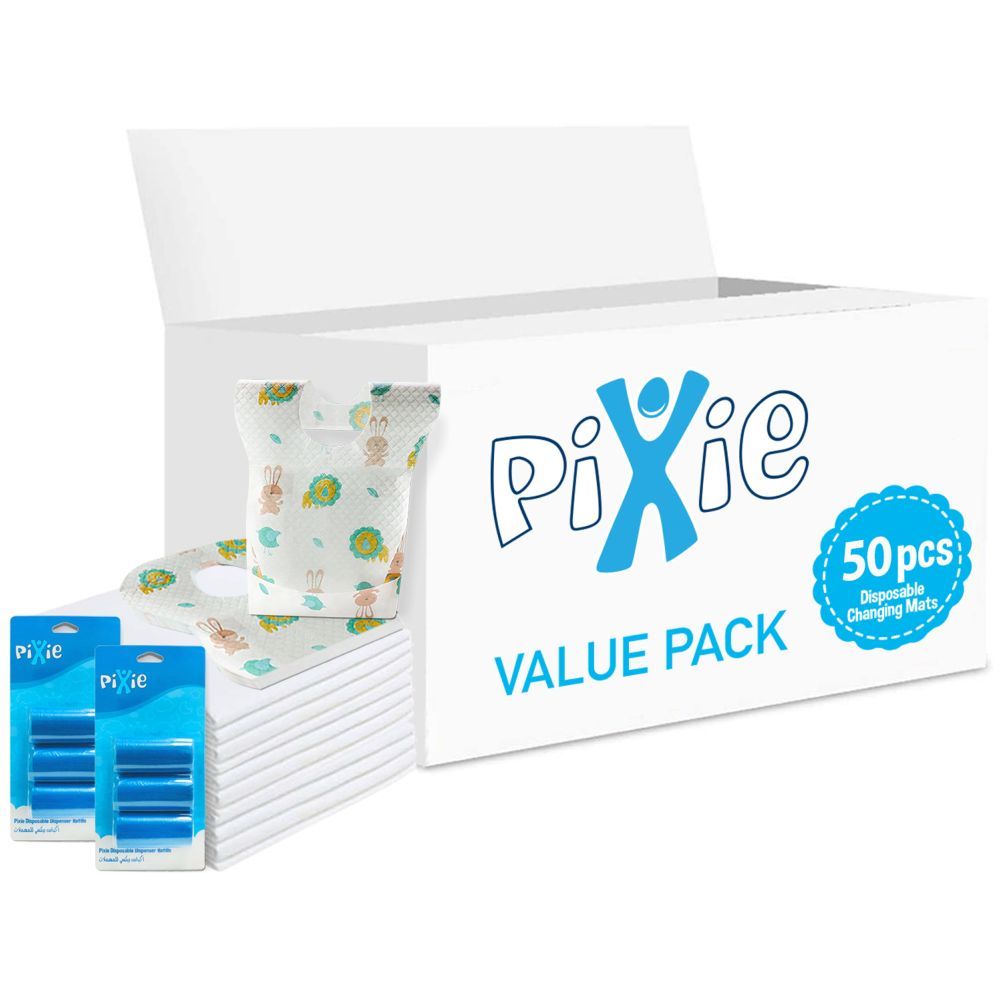 Pixie - Changing Mats 50 + Bib 50 + Pack Of 2 Refill Blue 120 Nappy Bags 