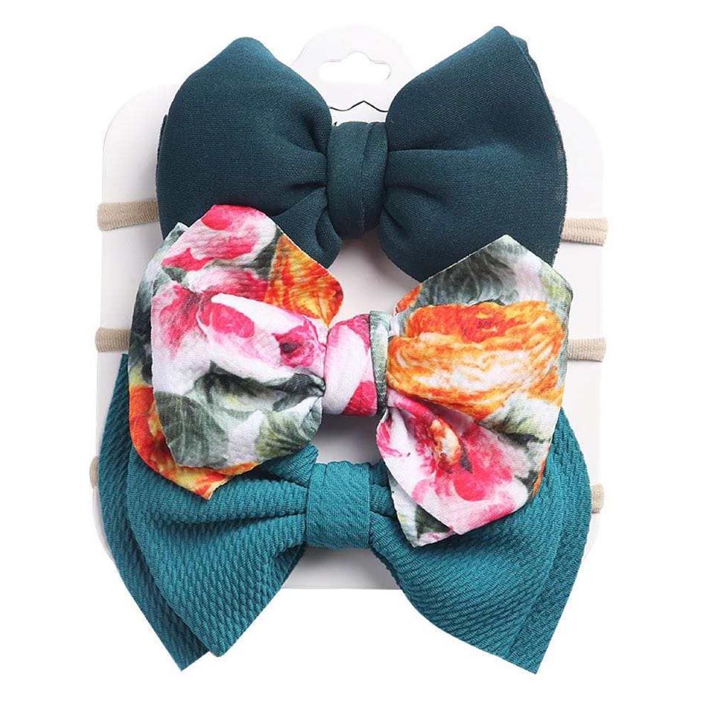 The Girl Cap - 3pc-Set - Solid & Printed Bow - Green