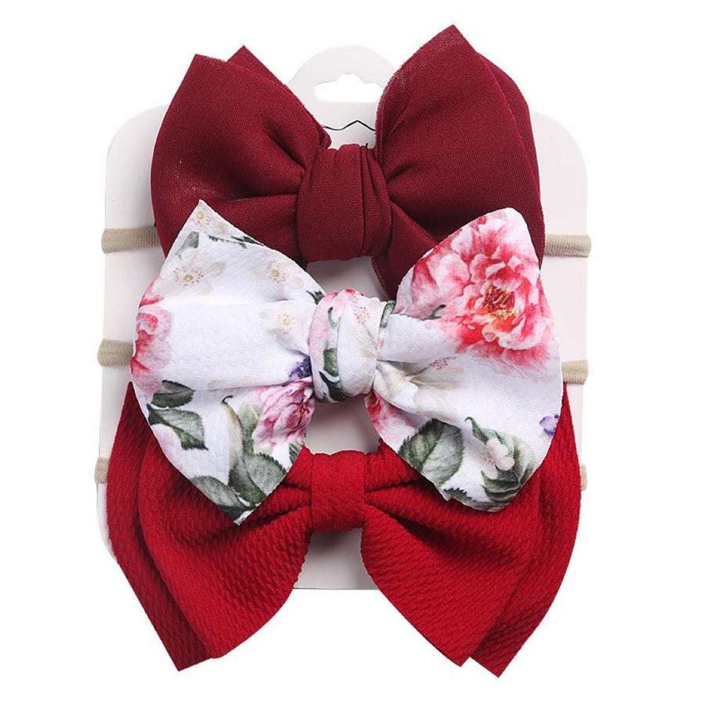 The Girl Cap - 3pc-Set - Solid & Printed Bow - Maroon