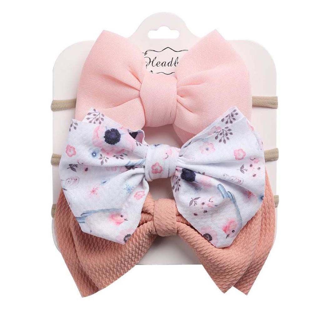 The Girl Cap - 3pc-Set - Solid & Printed Bow - Beige