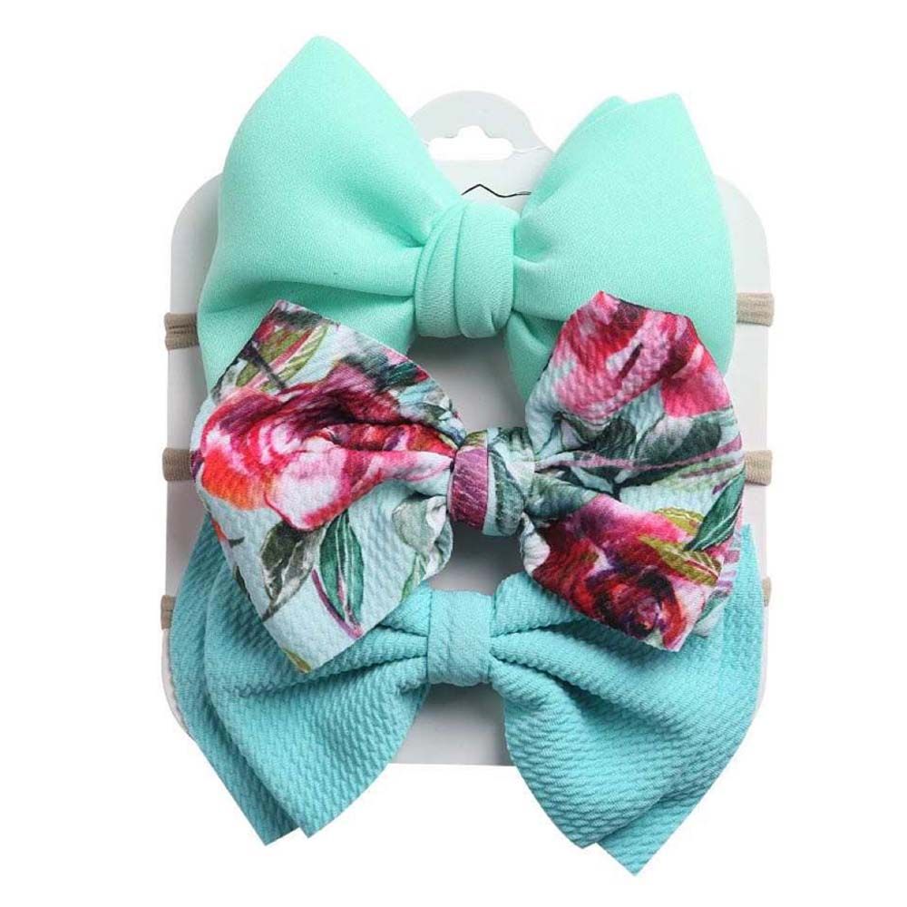 The Girl Cap - 3pc-Set - Solid & Printed Bow - Mint Green