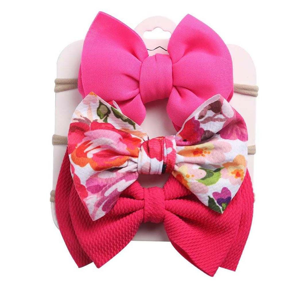 The Girl Cap - 3pc-Set - Solid & Printed Bow - Fuchsia Pink