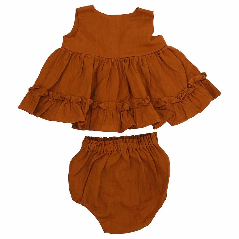 Kyara - 2Pc-Set - Pure Linen Dress & Bloomer - Brown