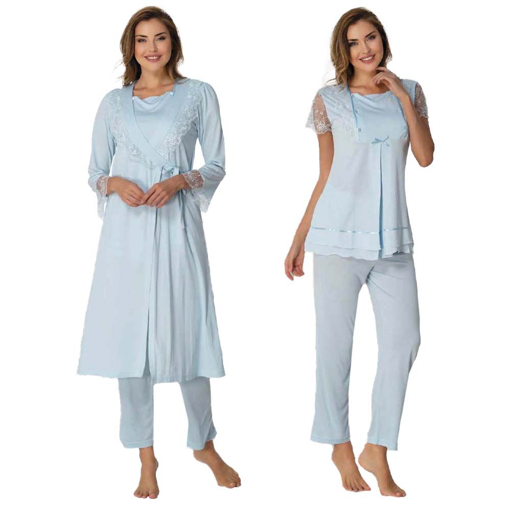 Mini Plum - 3pc-set - Lace Maternity Pajamas w/ Robe - Blue