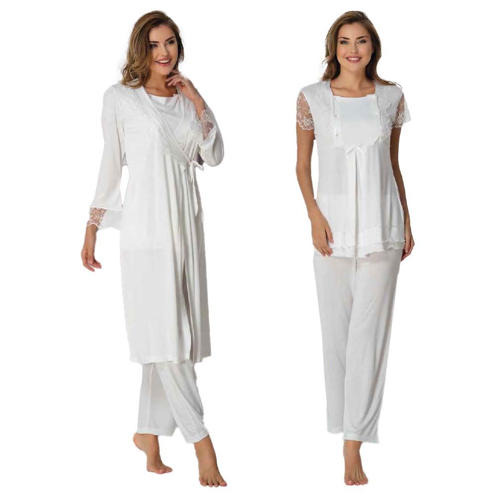 Mini Plum - 3pc-Set - Lace Maternity Pajamas & Robe - White