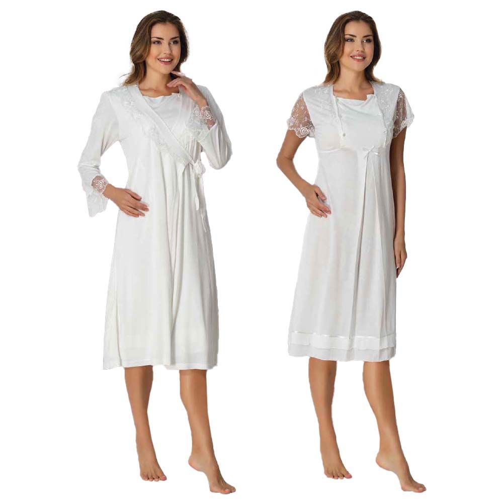 Mini Plum - 2pc-set - Lace Maternity Nightwear w/ Robe - White