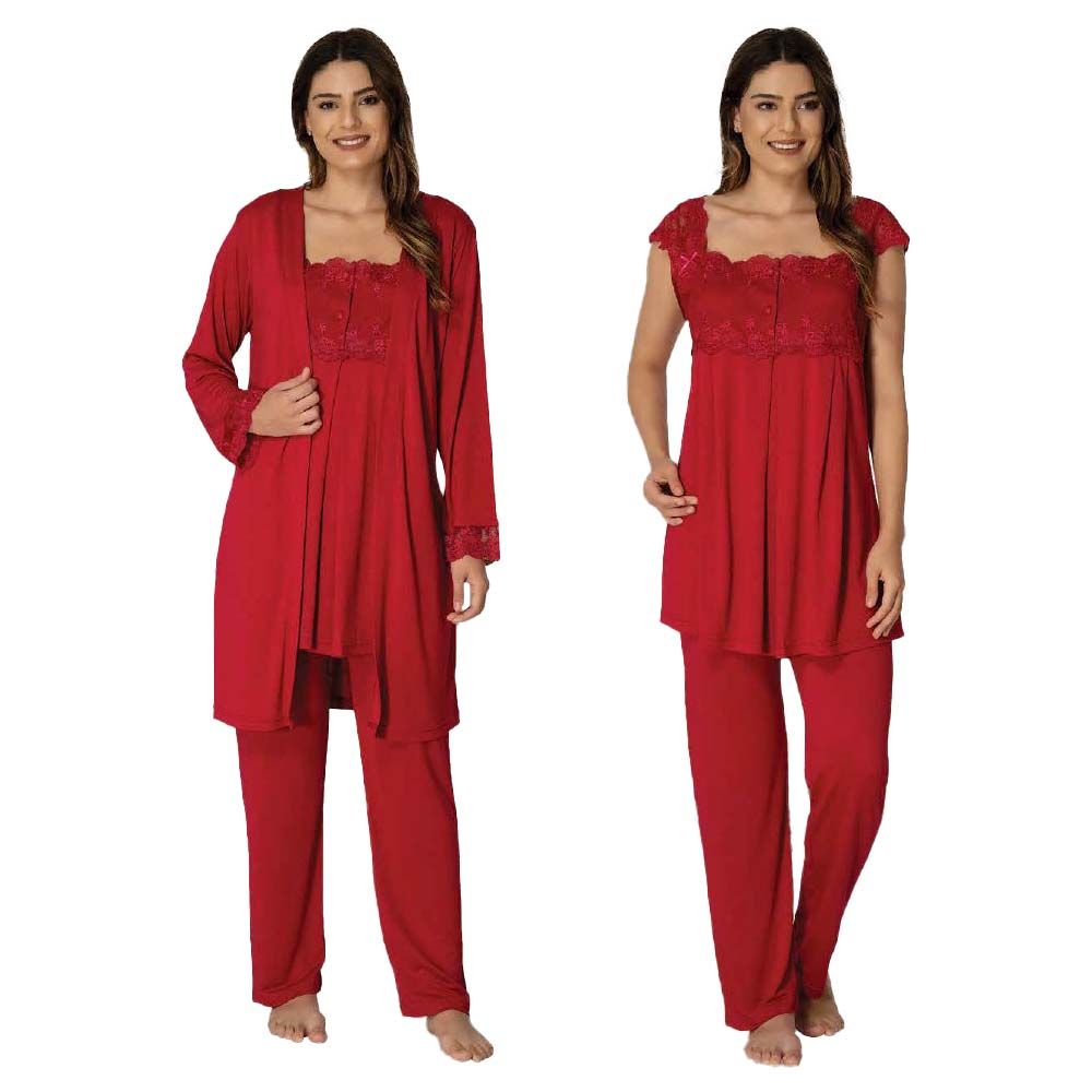 Mini Plum - 3pc-set - Lace Maternity Pajama Set - Red