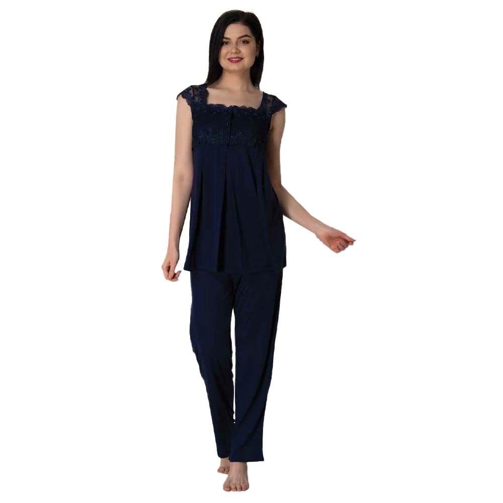 Mini Plum - Lace Sleeves Maternity Pajamas Set - Navy