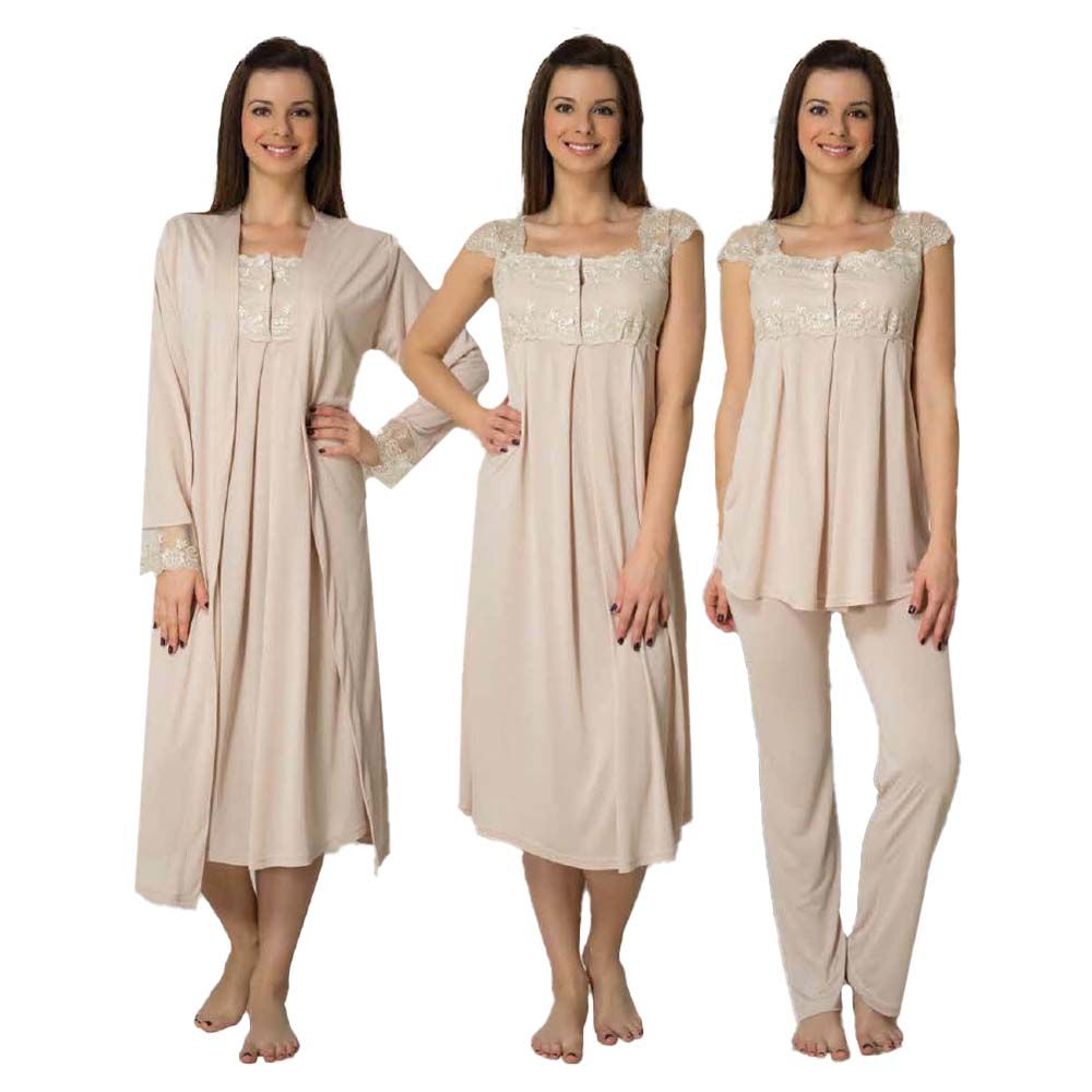 Mini Plum - 4pc-set - Lace Maternity Nightwear Set - Beige