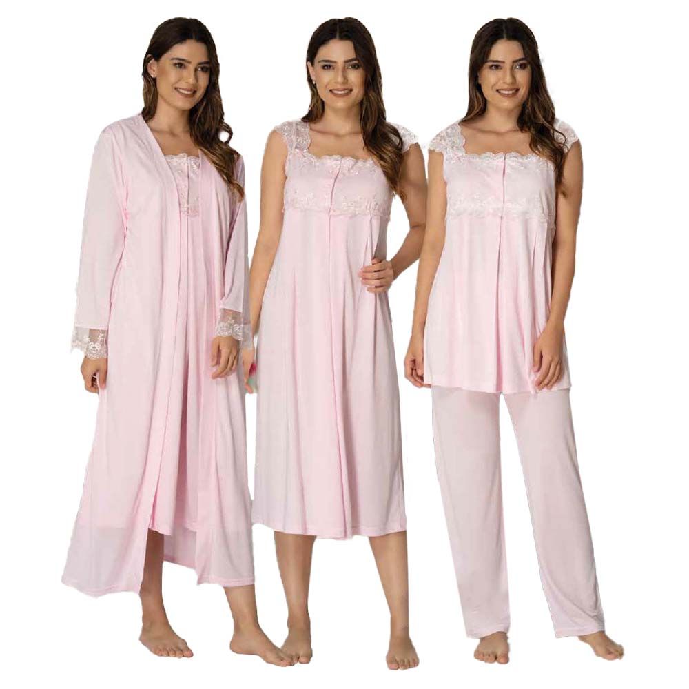 Mini Plum - 4pc-set - Lace Maternity Nightwear Set - Pink