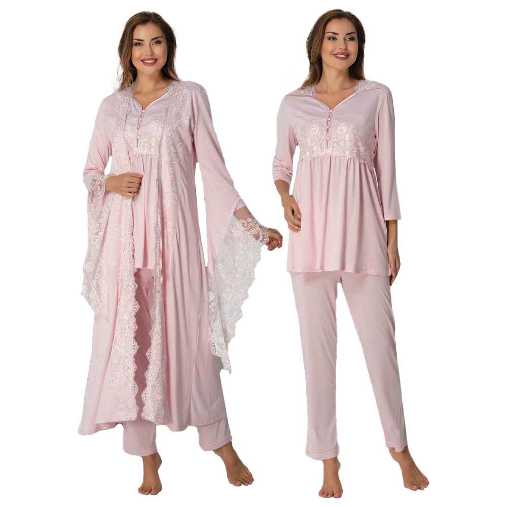 Mini Plum - 3pc-set - Lace Maternity PJ Set & Robe - Pink