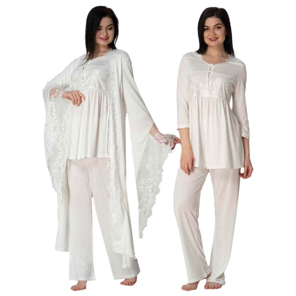 Mini Plum - 3pc-set - Lace Maternity PJ Set & Robe - White